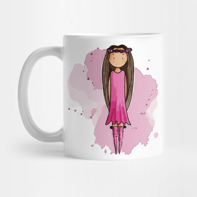 Cute bohemian girly girl with very long brown hair and a pink dress by Sissely